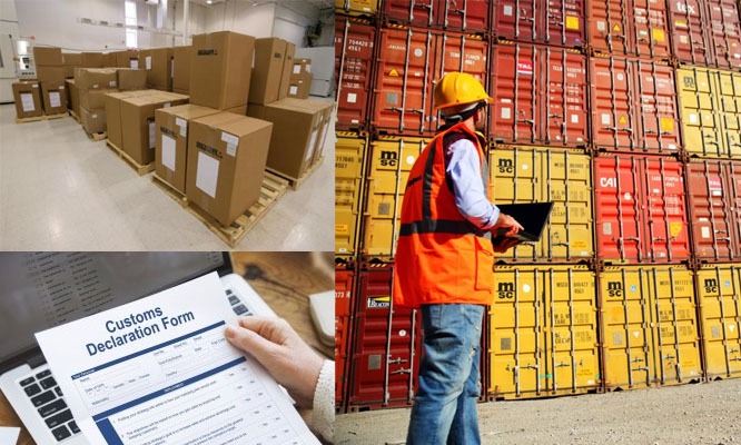 Kolase gudang, kontainer, dan formulir customs declaration
