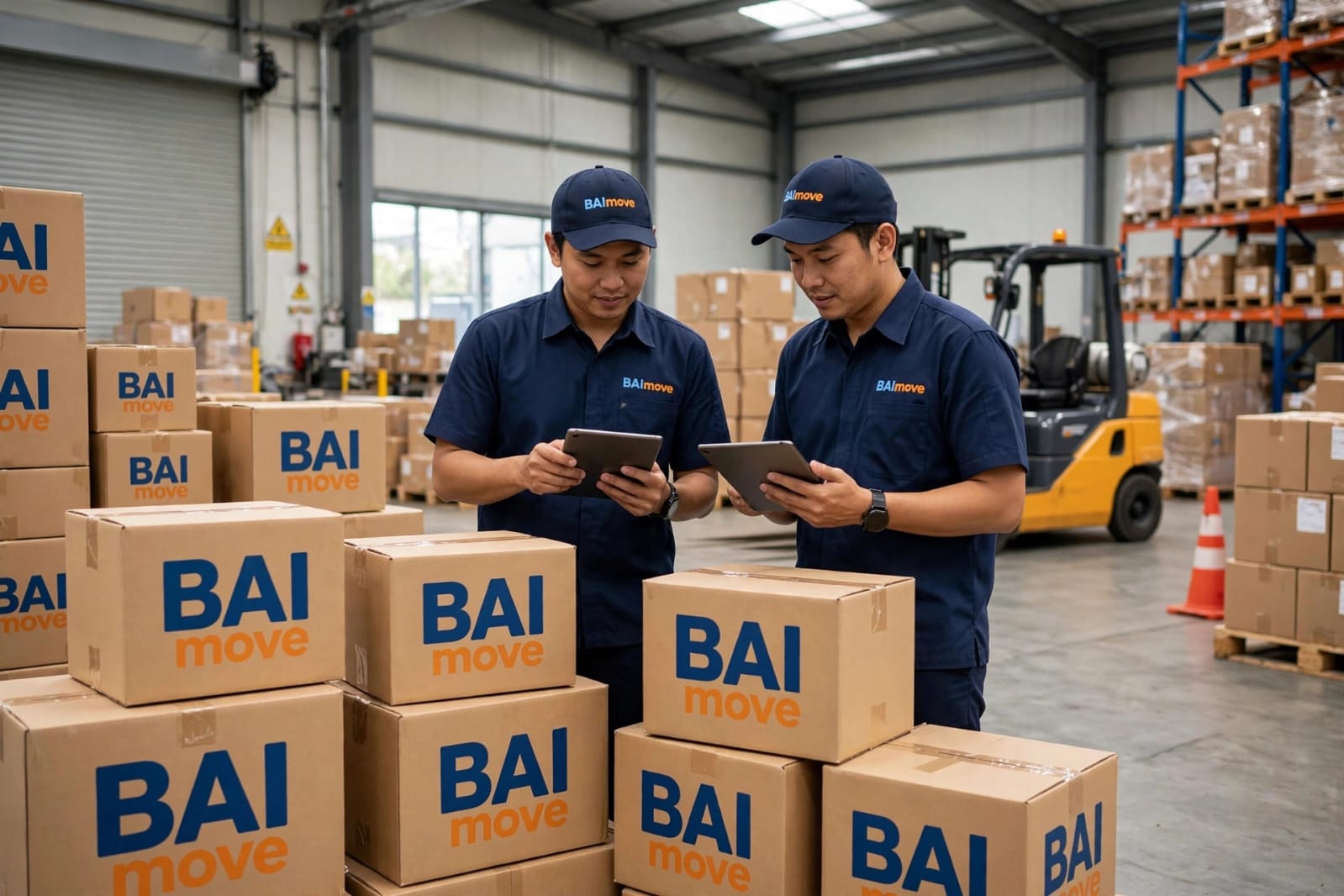 Tim memeriksa inventaris dengan tablet di gudang BAImove