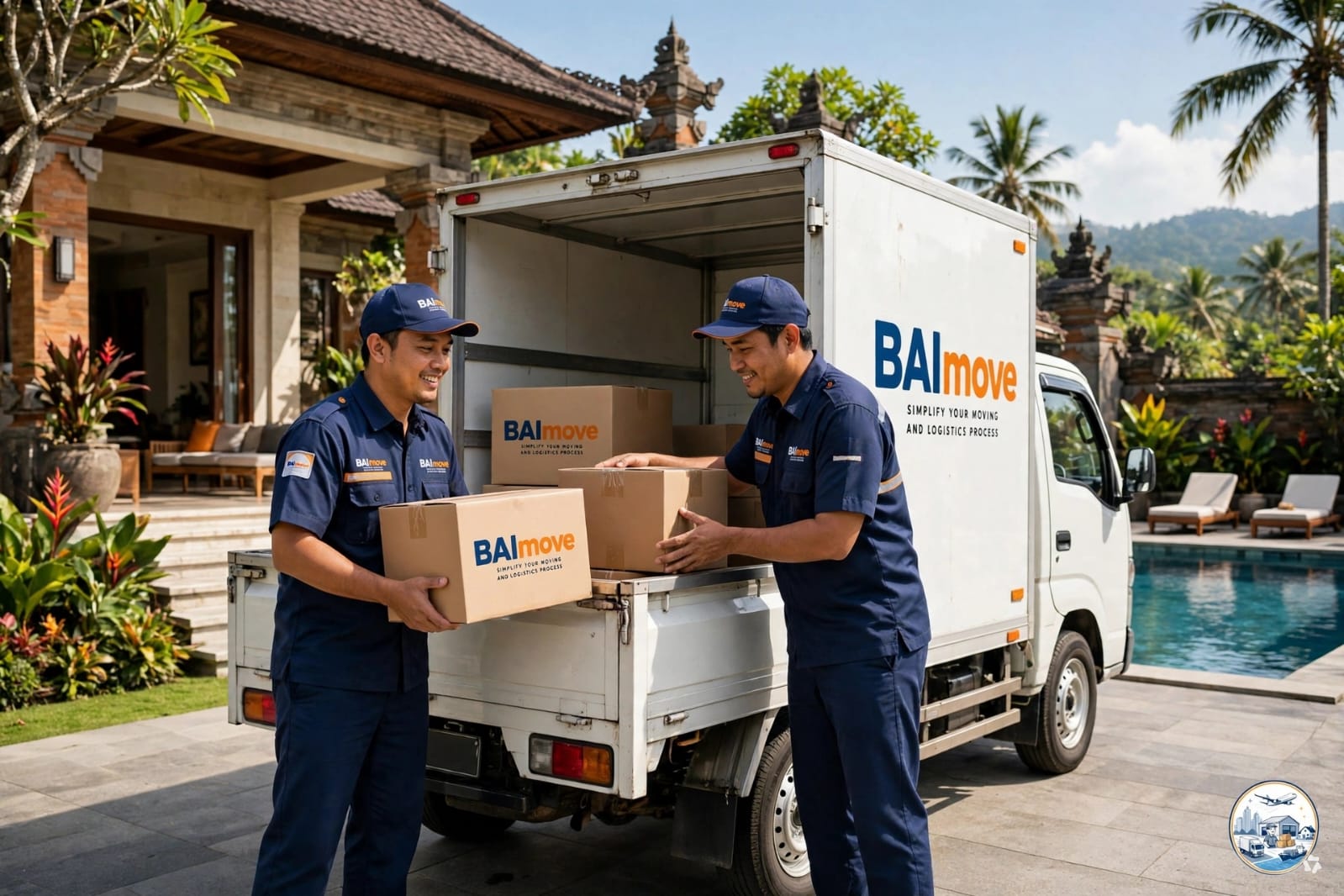 Truk box BAImove menjemput barang di depan vila pelanggan